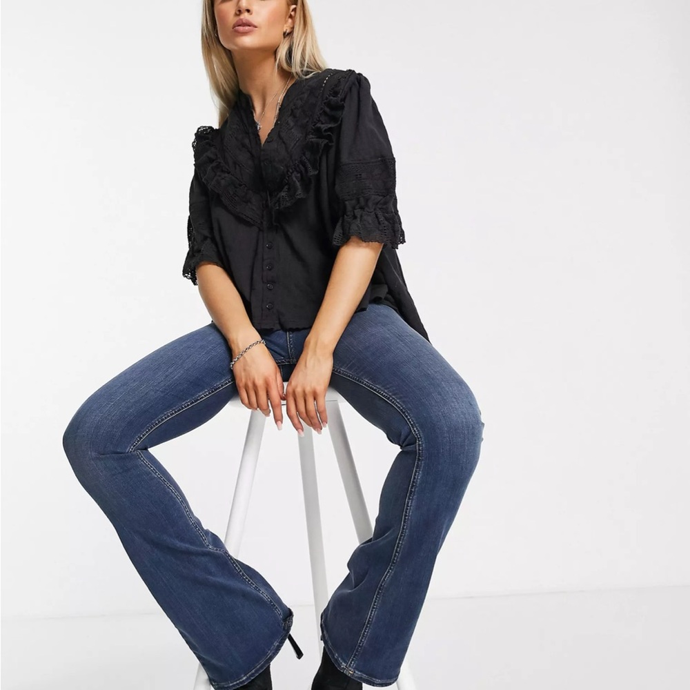 Free People Black Walk In The Park Lace Ruffle Top NWT XS